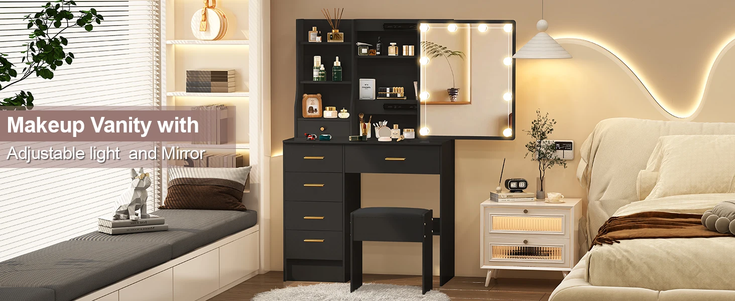 Noir-Minimalist Vanity Stool and storage drawers