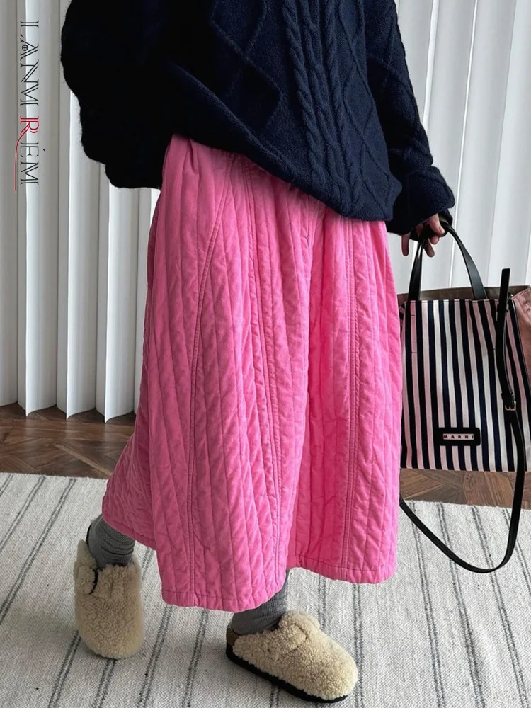 

[LANMREM] Elastic High Waist Skirt For Women A-line Mid-length Office Lady Thick Warm Cotton Clothes 2024 Winter New 26C1307