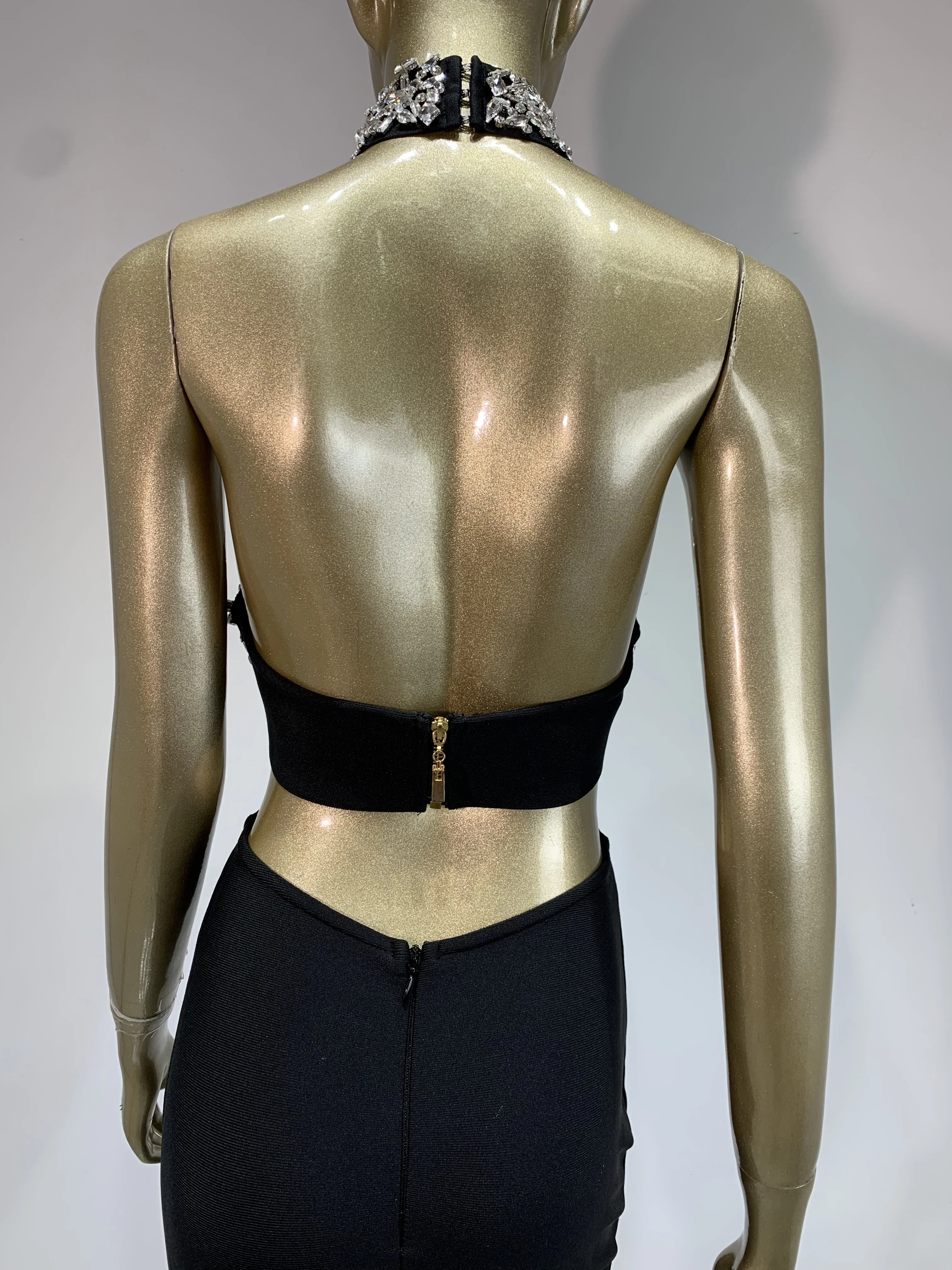 Women Black Halter Crystal Backless Cut Out Long Bandage Dress Birthday Celebrity Evening Club Party One Piece Gala Gowns