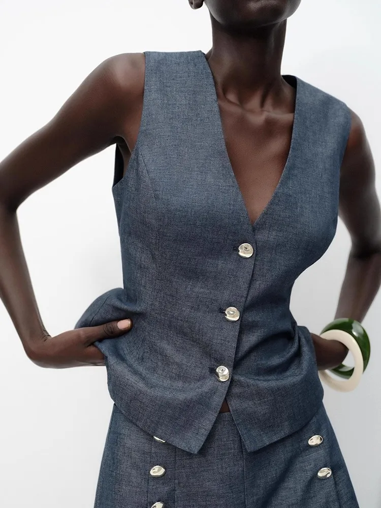 Nuevo Ceco para Mujer 2025, Estilo Casual  KISS, Cuello en V, Cierre de un Botón, Color Puro, Otro Material, 00% Cole...