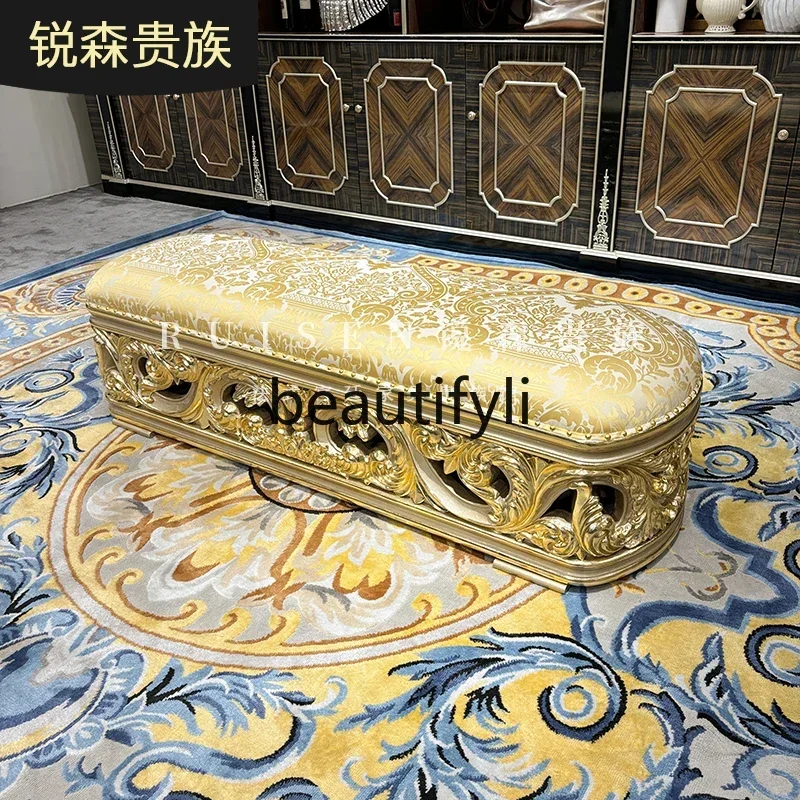 French style end stool, European style carved beauty tread embroidered cloth lazy chair bedroom champagne6220