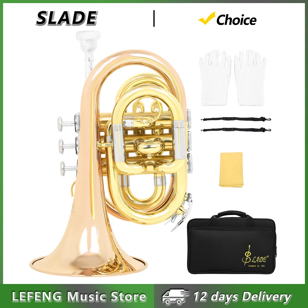 SLADE LDP660 Bb Pocket Trumpet Phosphor Bronze Body Palm Cornet Mini Trumpet Brass Instrument with Case Gloves Accessories