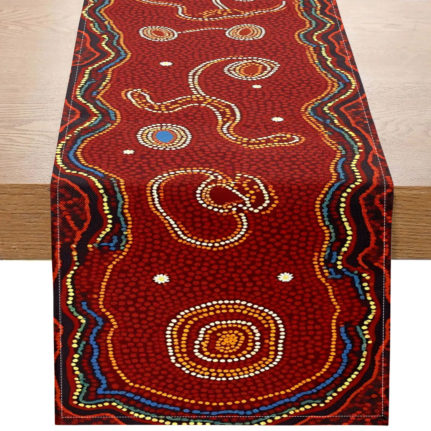 

1 Piece of Table Runner with Aboriginal Art Theme, Table Runner with Colorfulful Dot Line Pattern on Red Background, Suitable for Aboriginal Culture Exhibition, Exotic Home Decoration, Art Studio Layout, Cultural Exchange Activities, Specialty Restaurant 