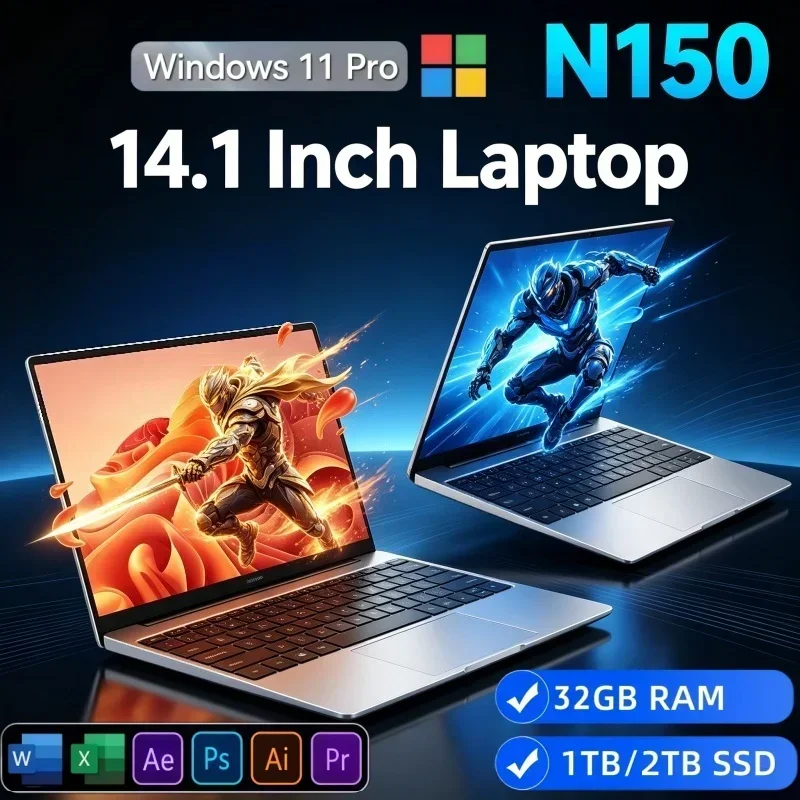 Light Weight 14.1 Inch Gaming Laptop Intel N150 32GB RAM 2TB SSD Windows11 Built‑in Office Notebook Computer For Business Travel