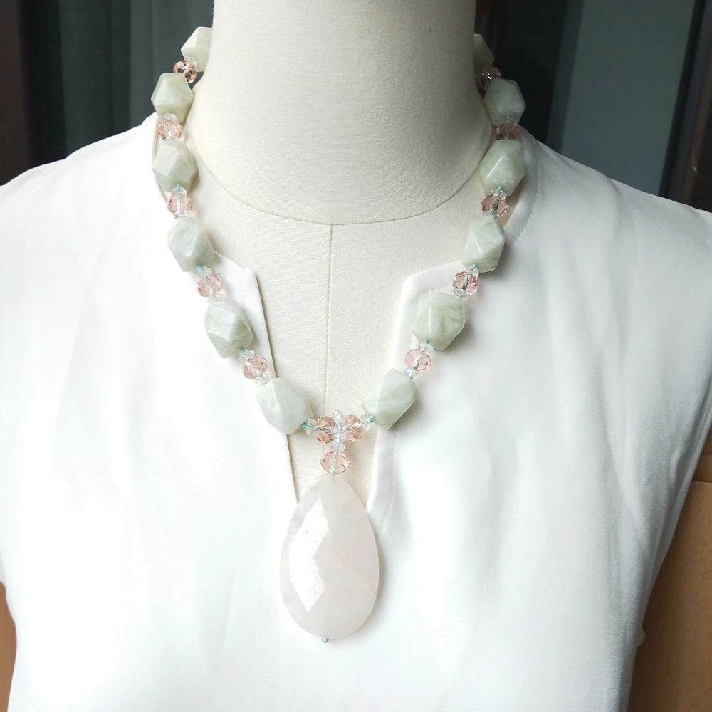 Lii Ji Real Stone Necklace Jade Rose Quartz Drop Pendant 52m Women Necklace Jewelry Gift