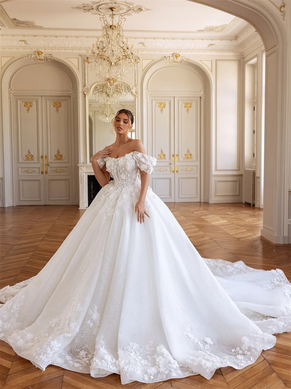 

Customized Sexy White Organza Wedding Dress Boho Sweetheart Off the Shoulder Bridal Gown Soft A-Line Chapel Train Robe de mariée