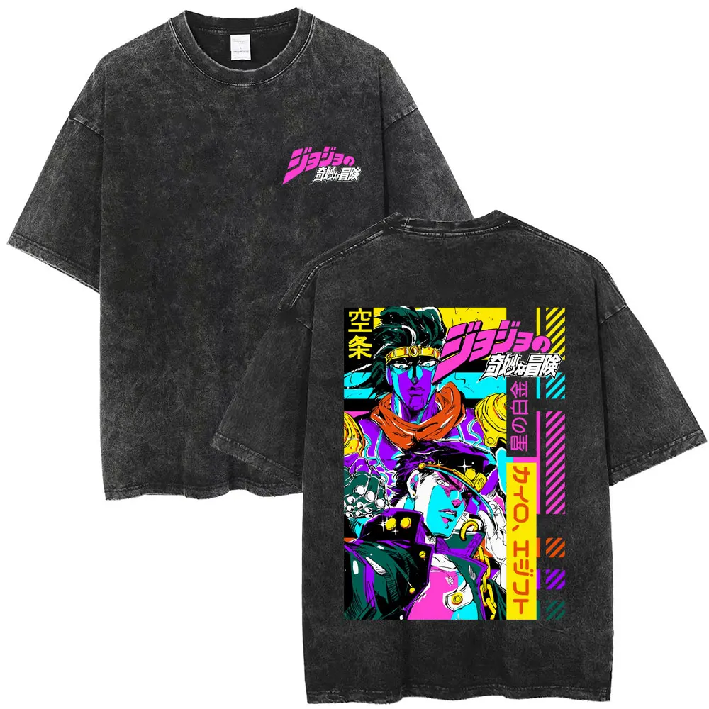 

Washed Vintage Anime JoJo's Bizarre Adventure Double Sided Print T-shirt Men Manga Cotton Tshirt Male Retro Oversized T Shirts