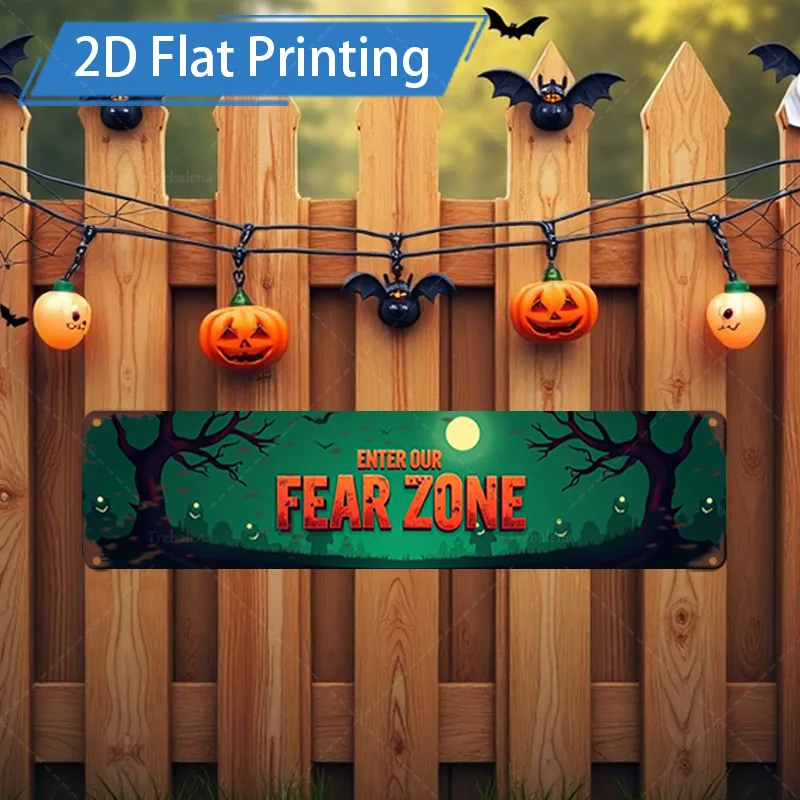 1pc Metal Sign, 4x16inch Halloween Fear Zone Sign - Spooky Pumpkin Bat Decor for Haunted House Party
