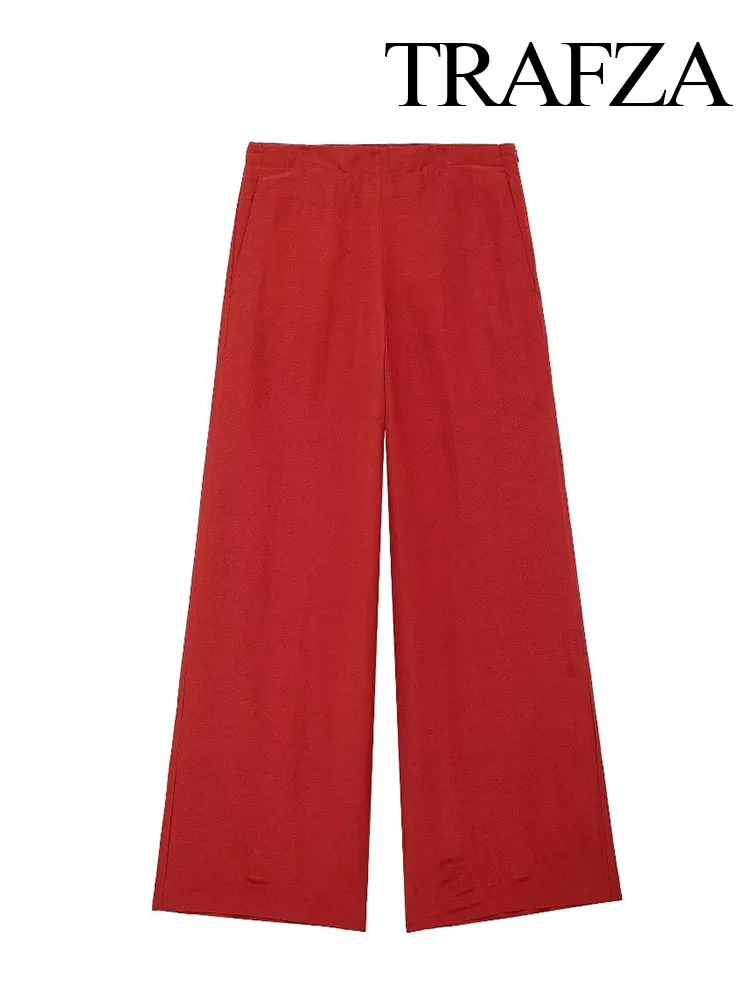 

TRAFZA Summer Women Elegant Red Solid Linen Blend Zipper Pocket Wide Leg Trouser Women Office Lady Ankle-Length Long Pants Mujer