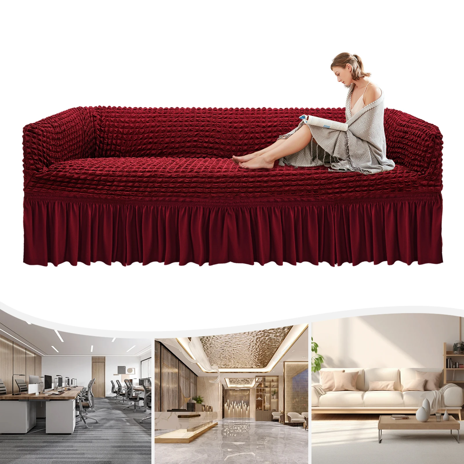 Wine Red Sofa Slipcover(Triple Seat)—95%Polyester+5%Polyurethane, Yarn Dye, Anti-Slip Foam/Elastic Band, Machine-Washable
