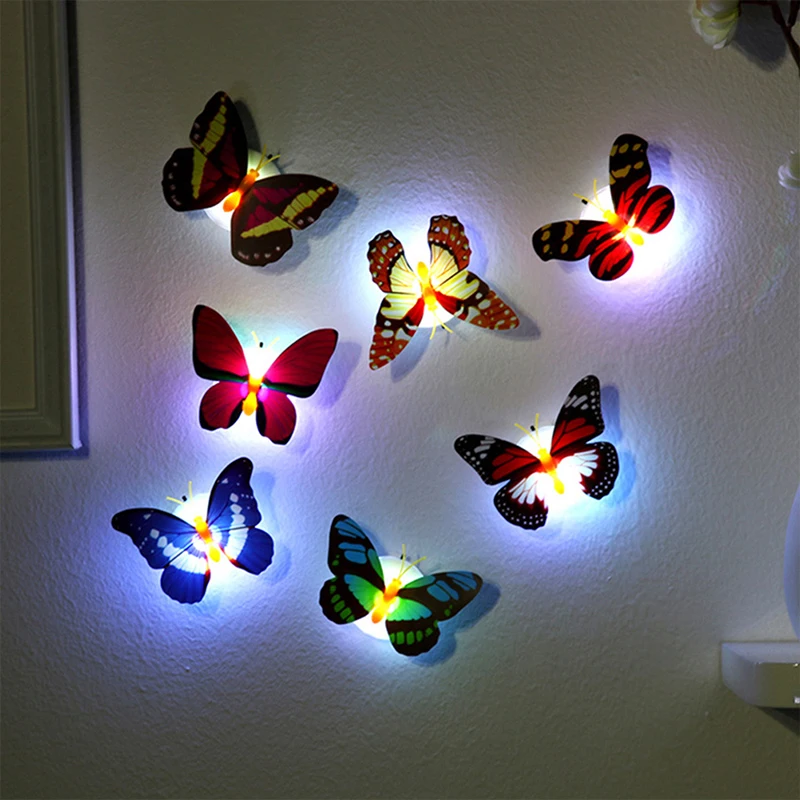 3D colorido borboleta LED noite luz, lâmpadas de parede, adesivos coloridos, cor aleatória, DIY casa