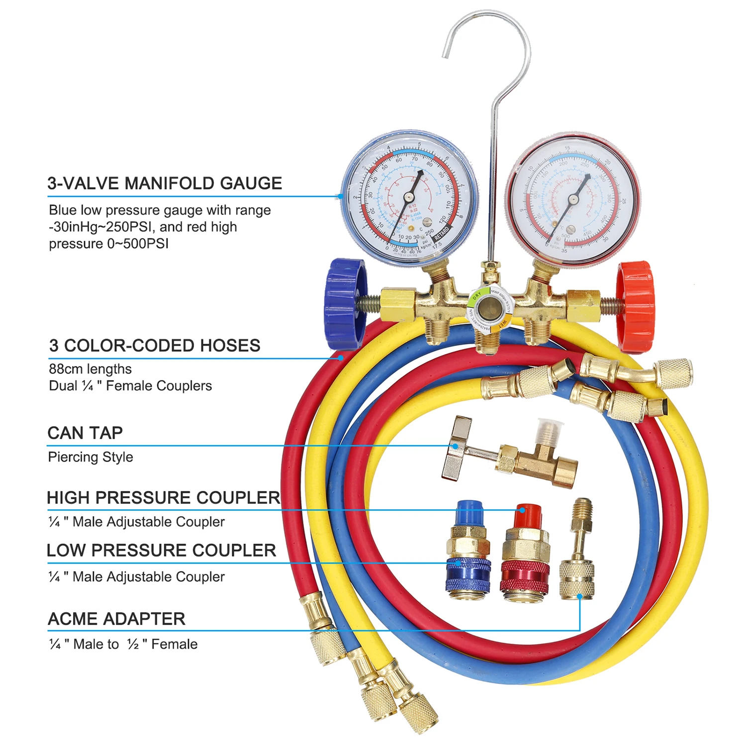 R134a 3 Way AC Diagnostic Manifold Gauge Set for Freon Charging, Fits Refrigeration Manifold Gauge Air R12 R22 R-404A R-134a