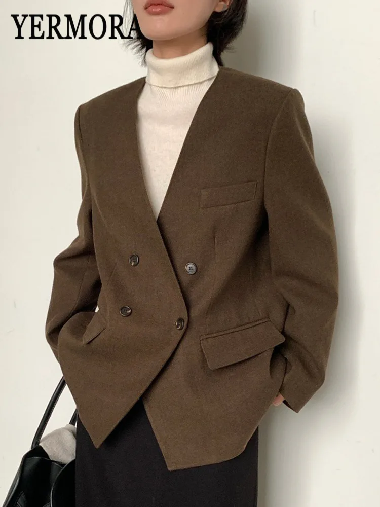

YERMORA коричневый короткий повседневный шерстяной пиджак на пуговицах для женщин, свободная новая куртка с v-образным вырезом и длинными рукавами, модная осень-зима 2025