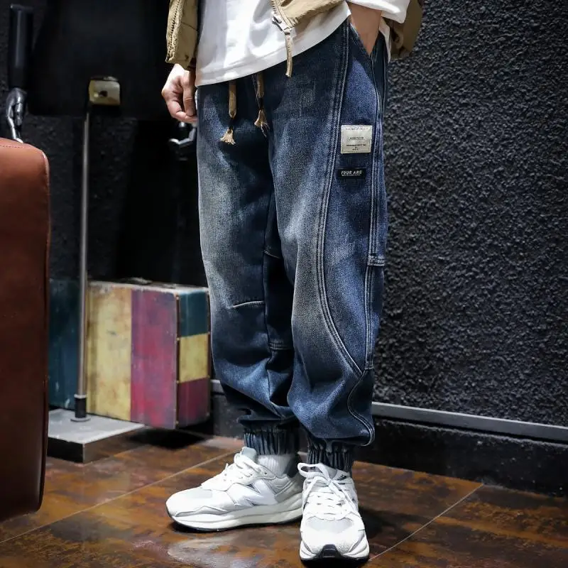 Men Loose Fit Streetwear Harem Jeans American Style Tapered Leg Cargo Pants Autumn Winter Casual Cotton Trousers