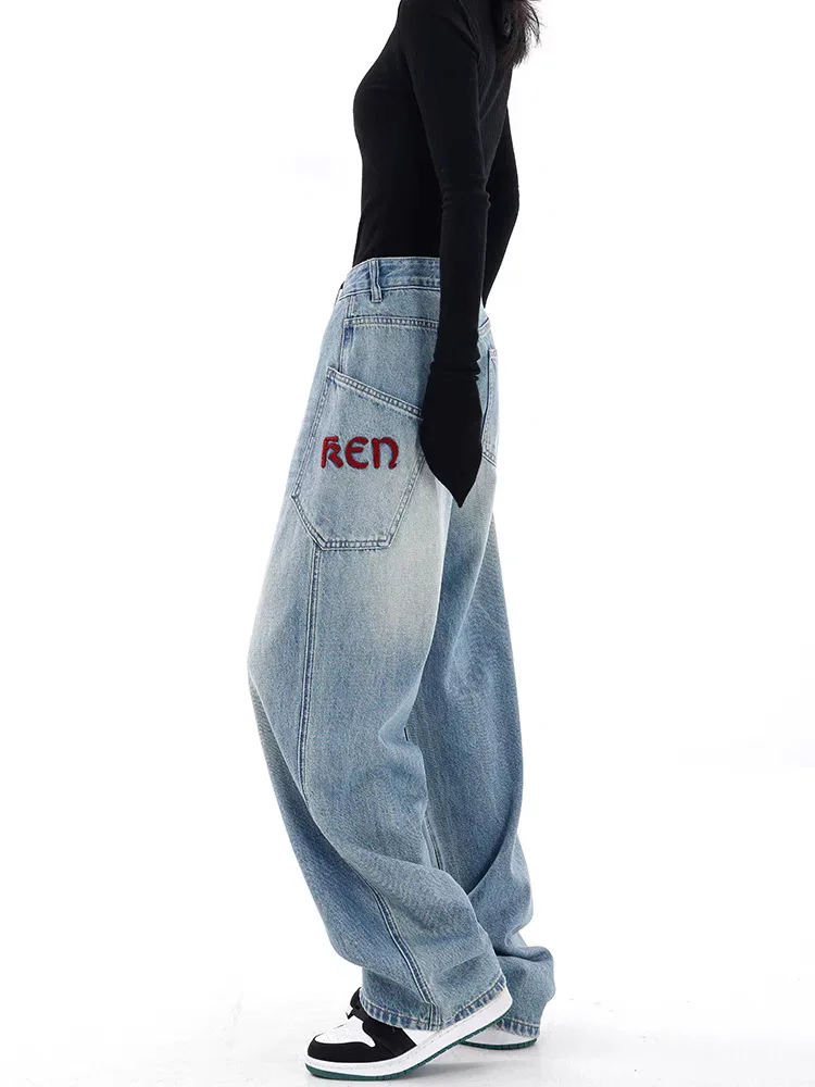 

Design Letter Embroidery Jeans for Women with Large Pockets, High Waist, Vintage Wide Leg Pants, Straight Pants