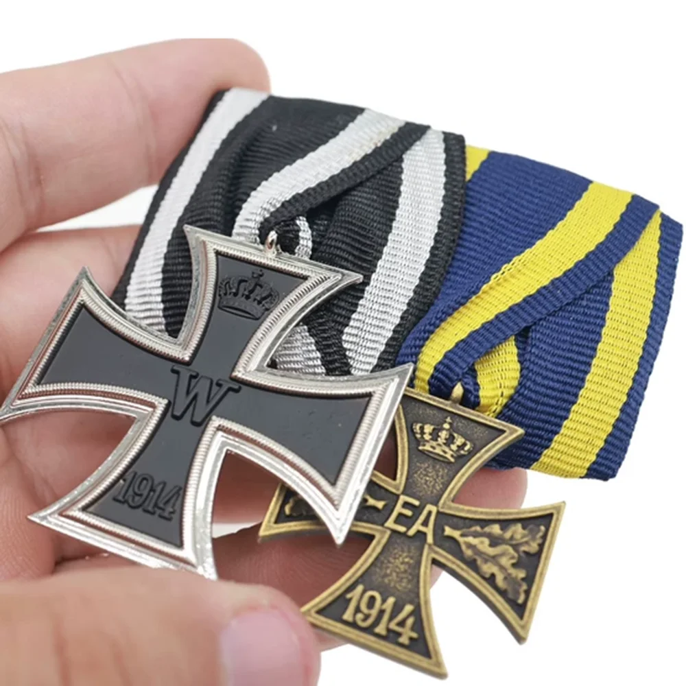 Double Ribbon Bar Medal Set Cross Medal Ribbon Badge Pin Style Collection Decoration Craft Gift for Men and Women