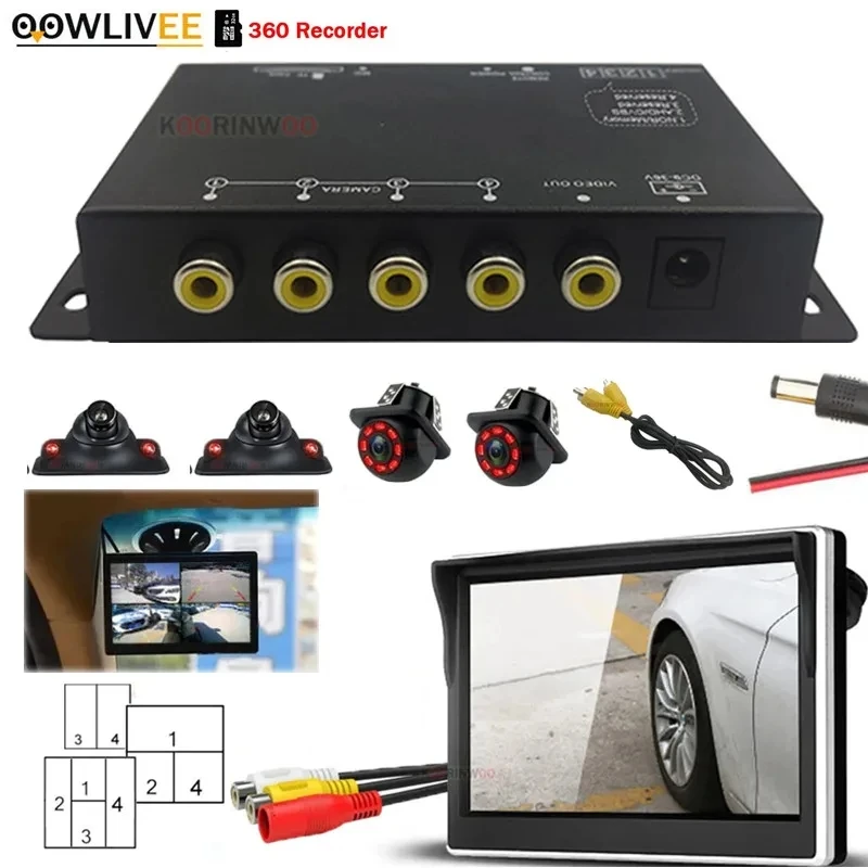 OOWLIVEE 360 Around View Black Box Car DVR Cyclic Recorder Channel For Front Camera Rear View Mirror LCD Screen Side View Camera