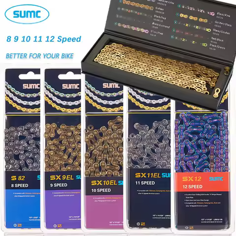 SUMC 자전거 체인 9 10 11 12 속도 9s 10s 11s 12s 티타늄 초경량 MTB 산악 도로 자전거 체인 골드 레인보우 자전거 체인