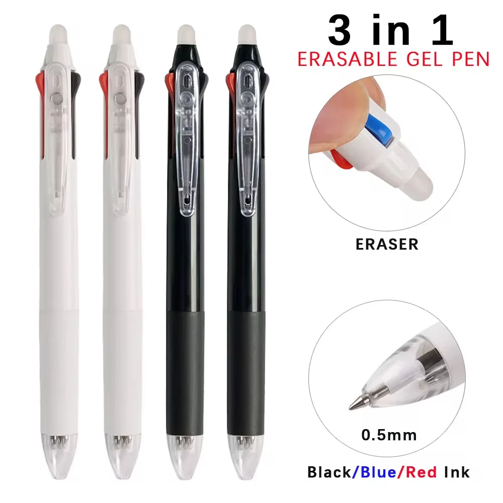 Kawaii Erasable Gel Pen Set, Recargas Multicolor, Punho Lavável, Escritório, Escola, Papelaria Japonesa, Preto, Azul, Vermelho, 3 em 1, 0.5mm