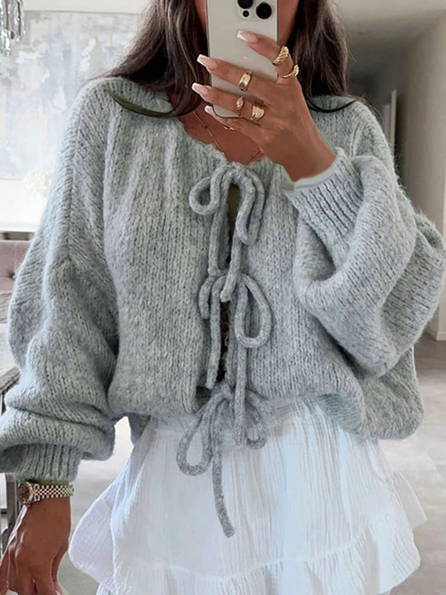 Fashion Knitted Bow Lace Up Cardigan Women Sweater Y2k Open Front Sweet Knitted Cardigan Lantern Sleeve Oversized Cardigan