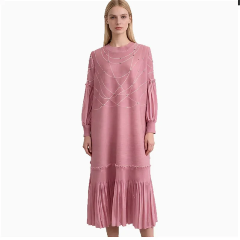 Miyake pleats, women's clothing, printed beads, O-neck lantern sleeves, loose, ruffles, dress, elegant, fashionable, 2026 new view 6