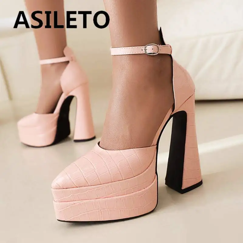 ASILETO Women Pumps Pointed Toe Chunky Heels Ultrahigh 14cm Double Platform Hill 5cm Buckle Strap Party Shoes Big Size 42 43