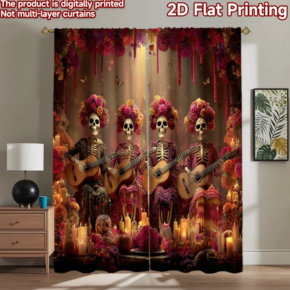 2D flat printing 2pcs Curtains Day of the Dead Skeletons Musicians Celebration Digital Printed Polyester Drapes Seasonal Party &
