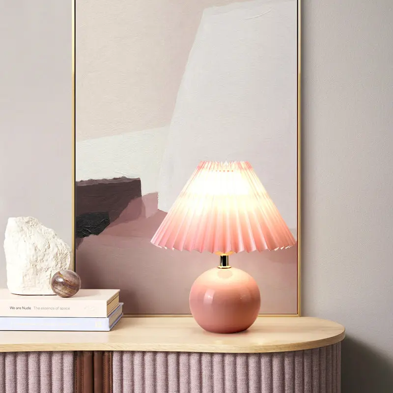 Nordic Pleated Fabric LED Table Lamp Ceramic Base Living Room Bedroom Study Restaurant Atmosphere Decoration Home LED Desk Light