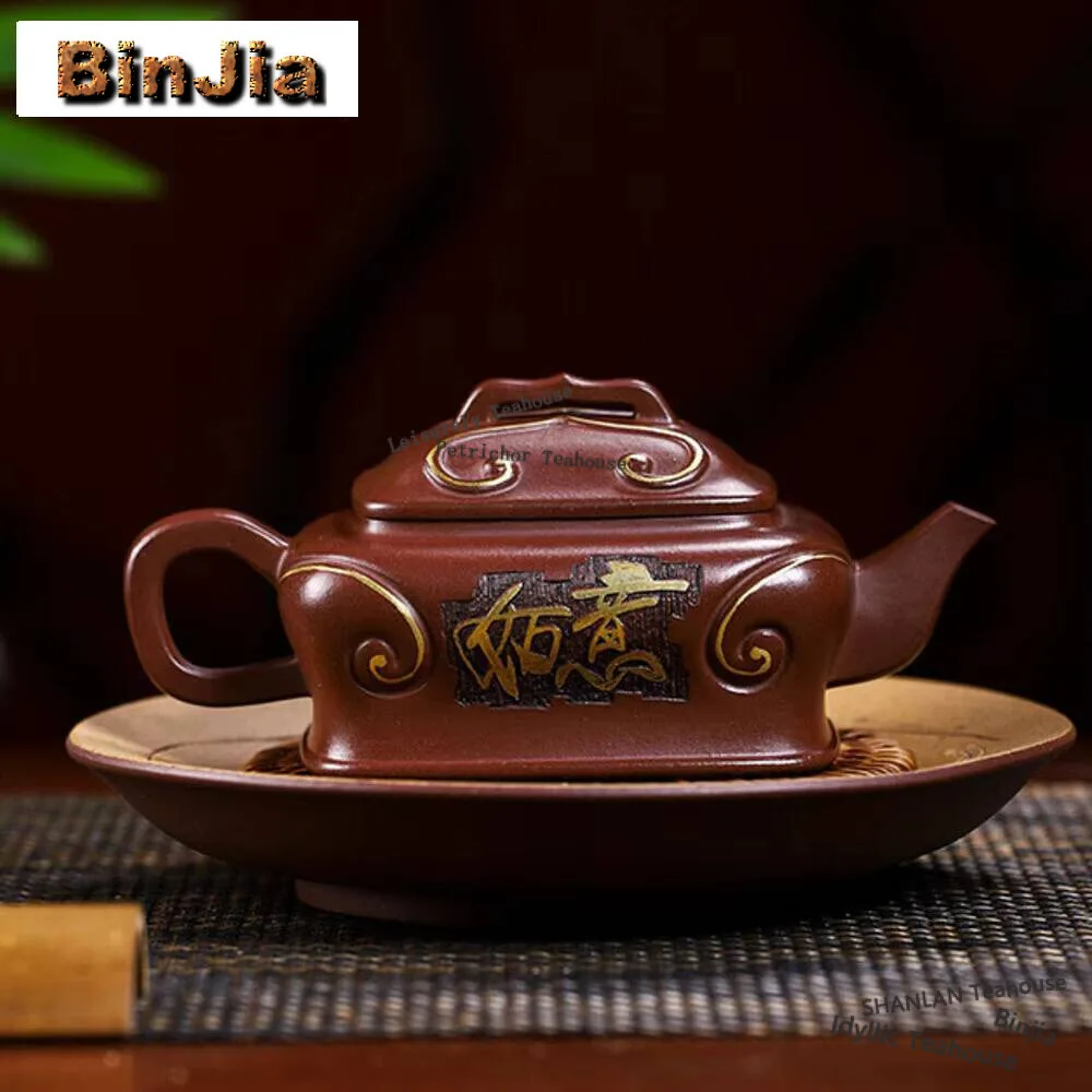 

340ML Retro Yixing Purple Clay Teapots Handmade Gold Tracing Purple Pot Raw Ore Purple Mud Kettle Zisha Tea Set Cha Ornamentsft