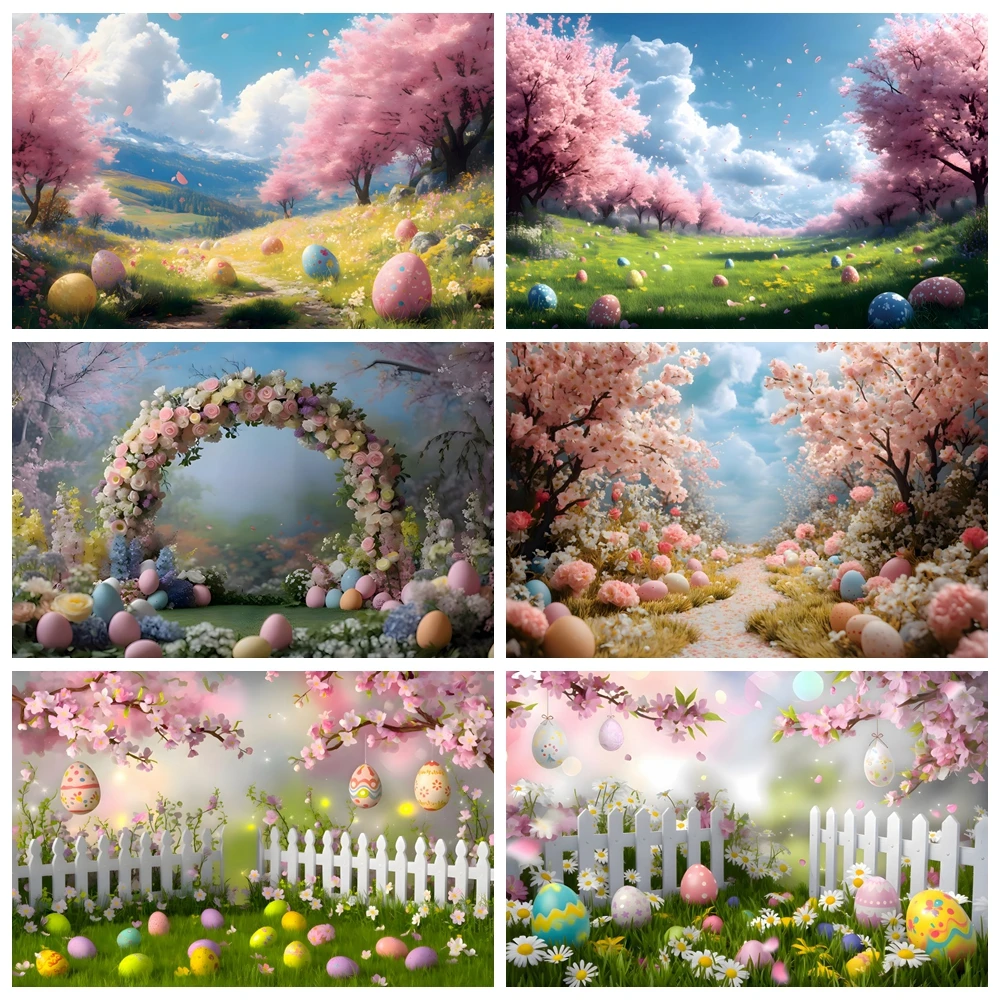 

Happy Easter Backdrop Spring Cherry Flower Garden Rabbit Eggs Grass Bunny Baby Shower Kids Portrait Photography Background Decor