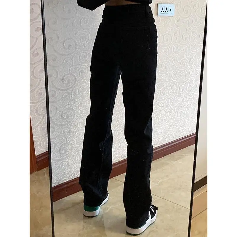 Black High Waist Stretchy Straight Leg Jeans Women's Autumn Winter plus Size Slimming Denim Pants Casual Multi Pocket Long Pants