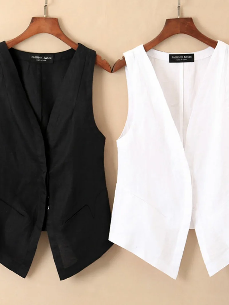 Ladies' ort Linen Vest Spring Summer Autumn Outerwear Ele Breathable Cotton Linen Jaet V-Ne Single Button Design