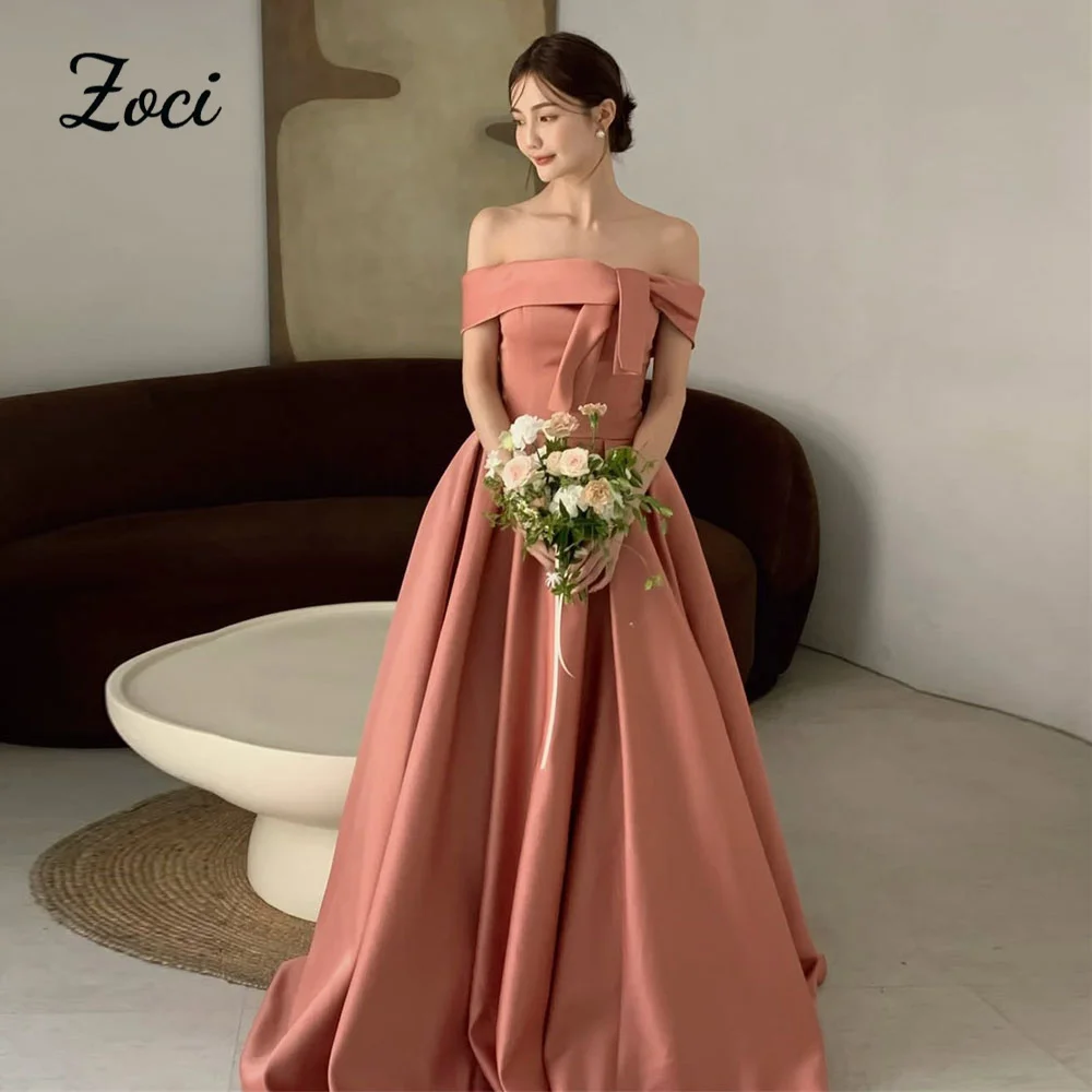 

Zoci Elegant Off Shoulder Korea Wedding Dresses Draped Satin A Line Bow Evening Dress Photos Shoot Customized Bride Party Gown