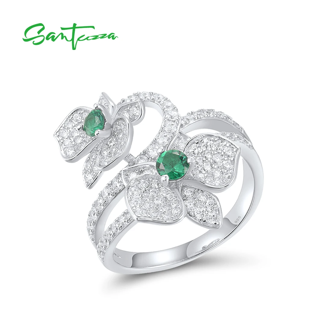 

SANTUZZA Pure 925 Sterling Silver Rings For Women Sparkling White CZ Green Spinel Flower Wedding Engagement Party Fine Jewelry