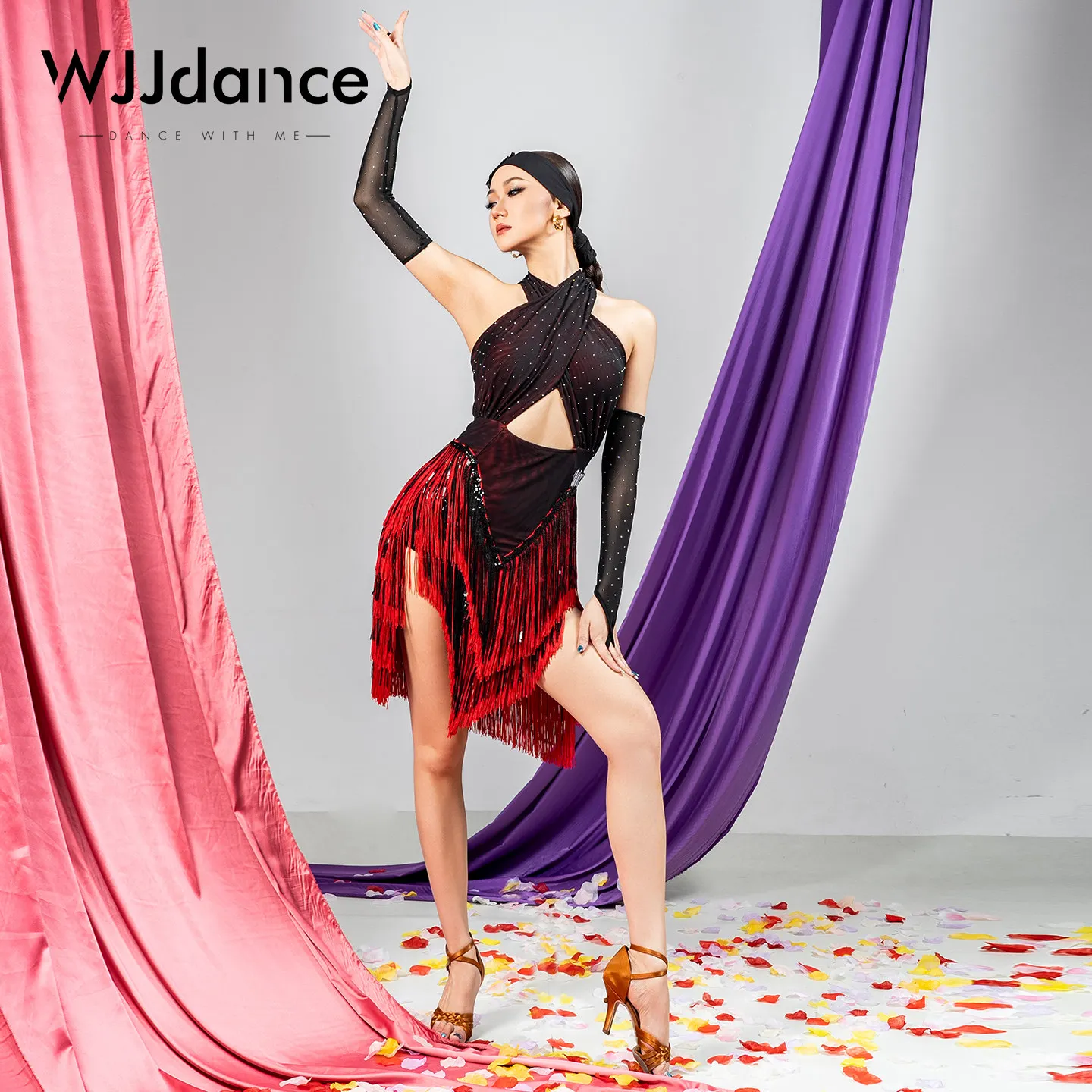 Customized WJJdance Latin Dance Flower Dress for Women Hot Diamond Mesh Color Contrast Tassel Competition Performance Clothes