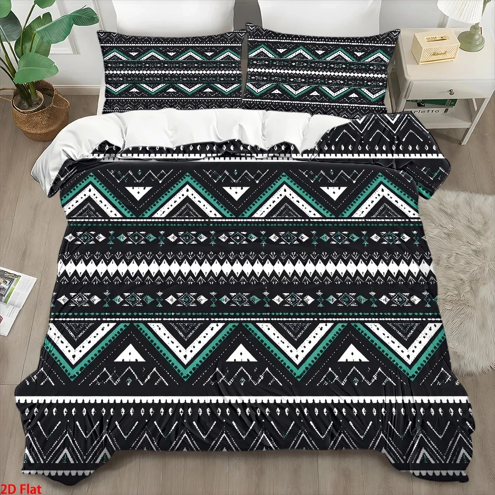3Pc Ethnic Style Geometric Pattern Quilt Cover Set (1*Quilt Cover + 2*Pillowcases), Three-Piece Bedding Set Suitable for All Seasons, Machine Washable, Large Quilt Cover Set with Invisible Zipper, Home Dormitory Master Bedroom Guest Room Personal Bed Cover, Bohemian Style Geometric Print Bedding Set, Black, White, and Green Color-Blocking Ethnic Style Three-Piece Bedding Set, Durable and Easy-To-Wash Ethnic Style Quilt Cover Set, Hot-Selling Geometric Pattern Bed Cover Set, Retro Ethnic Style Home Bedding