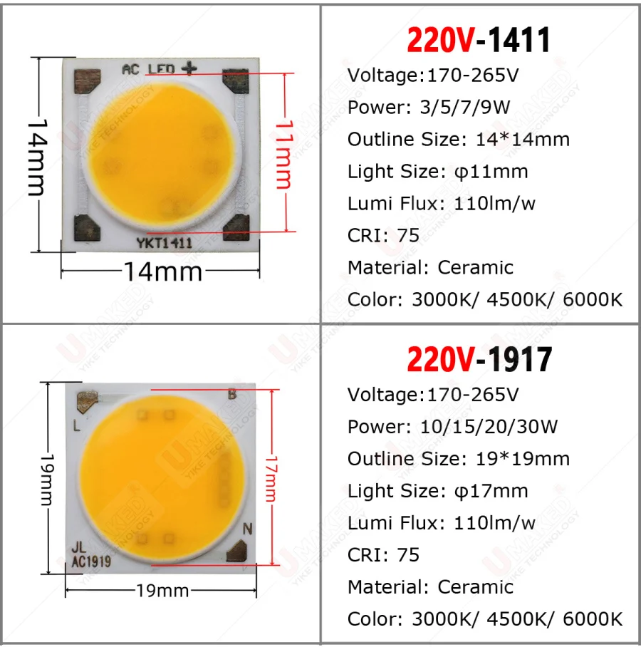 5pcs/ Lot 3W 5W 7W 9W 12W 15W USB-HID AC220V COB LED Chips AC1414 AC1917 Surface Light Source LED Beads For Spotlight Downlight