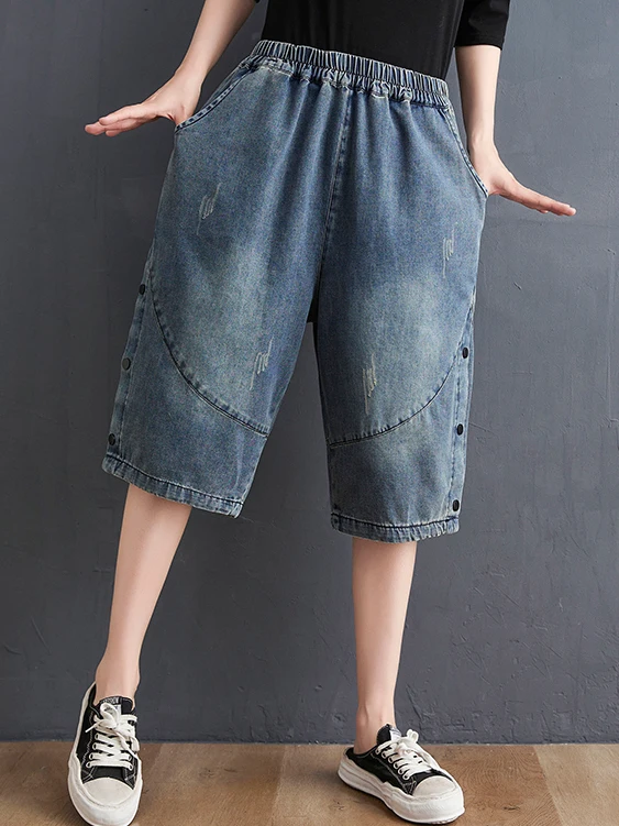 

Fashionable Worn-look White Washed Five-pocket Women's Jeans Summer Loose plus Size Hip Concealing Slimming Casual Harlan Mid...