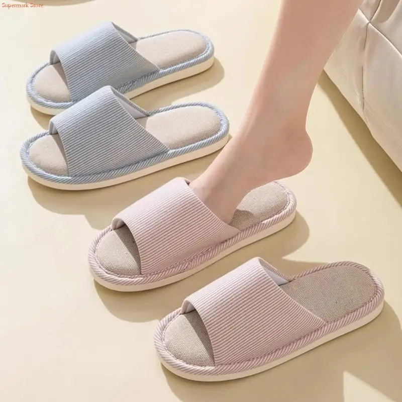 Q5WE Pack of 1 Pair Japanese Linen Indoor Slippers Soft Bottom Anti Slip Design For Women Home Comfortable