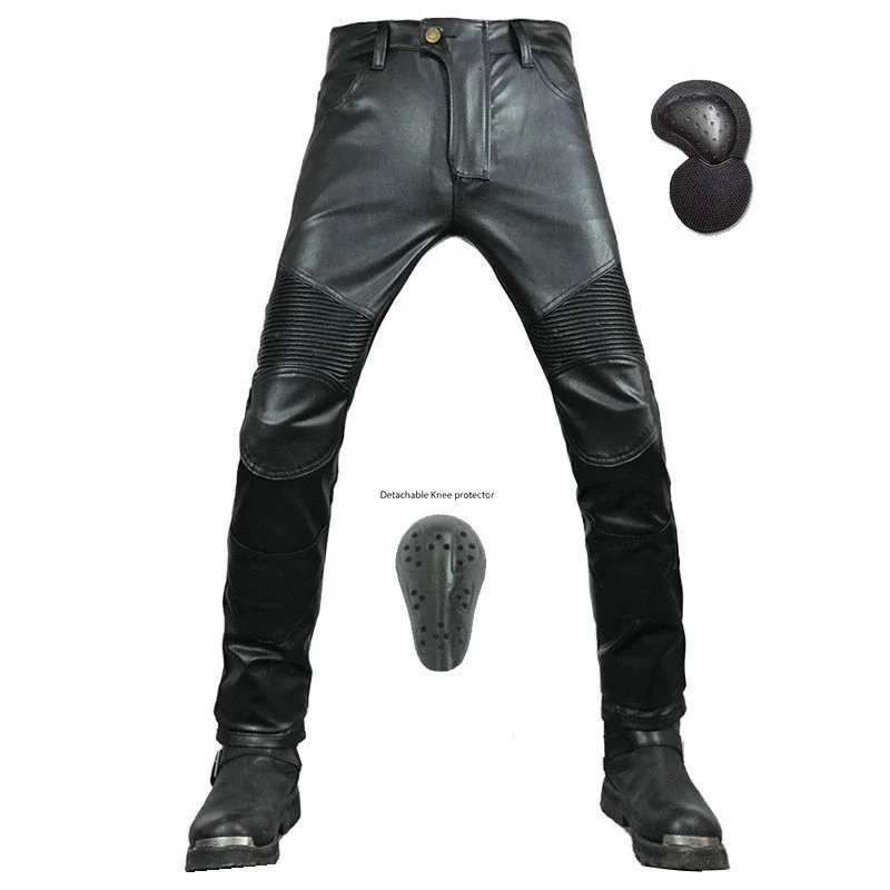 Motorcycle PU Leather Pants Men With Protective Gear Drop-resistant Straight Trousers Windproof Motocross Riding Joggers XS-3XL