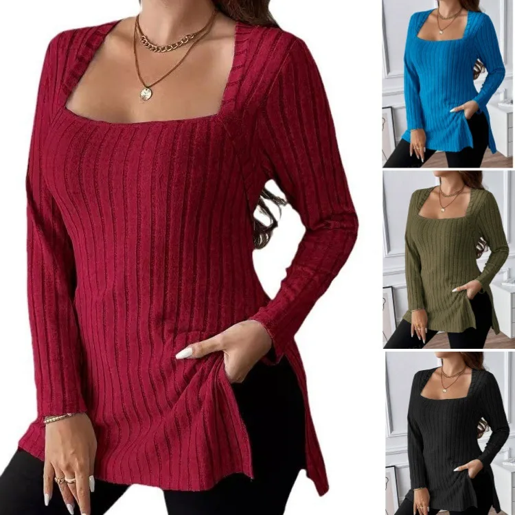 Women's T-shirts 2026 Autumn And Winter Women's Clothing, European And American Large Size Solid Color Pit Strip Abraded Square