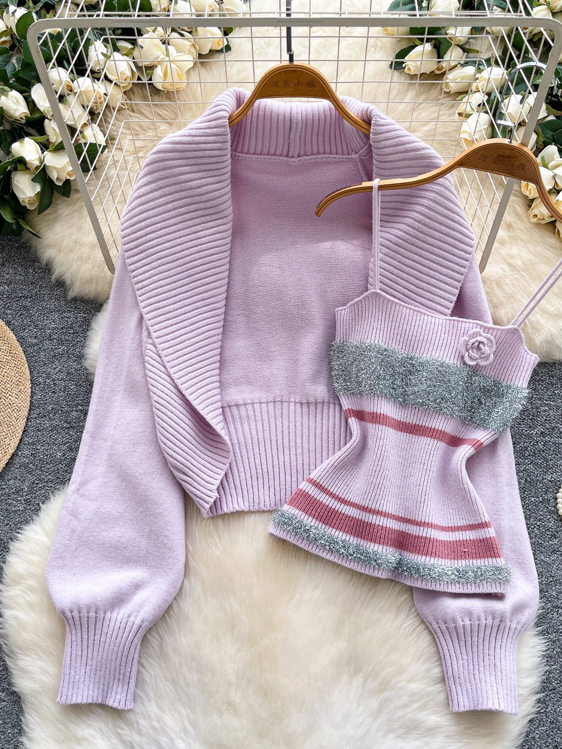 엘리 니트 오픈 가디건 스웨터 여성용 스트라이프 튜브탑 베스트 가을 패션 세트 하이웨이스트 슬림핏