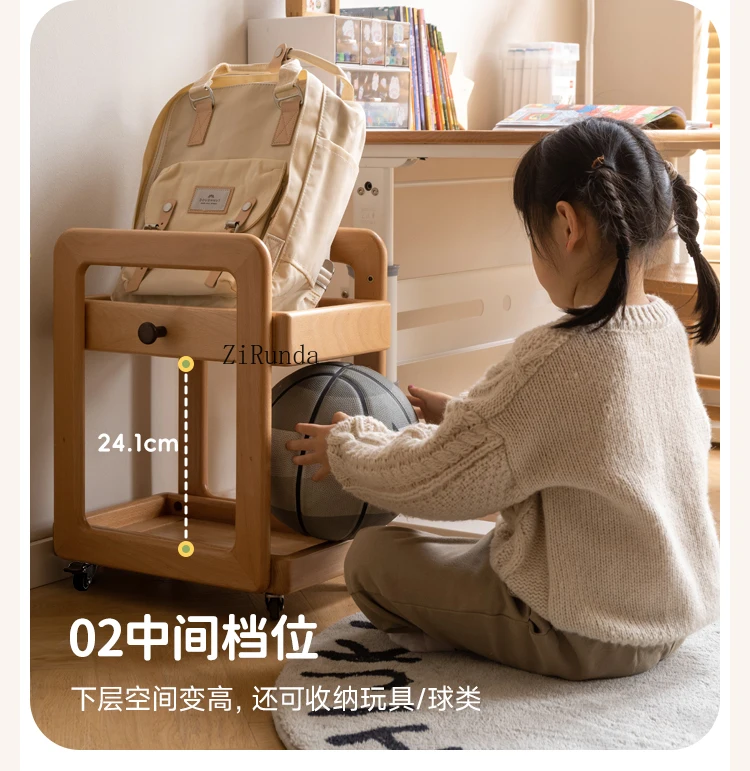 * Rack de mochila escolar infantil de madeira maciça Rack de livro de mesa simples e moderno Carrinho móvel