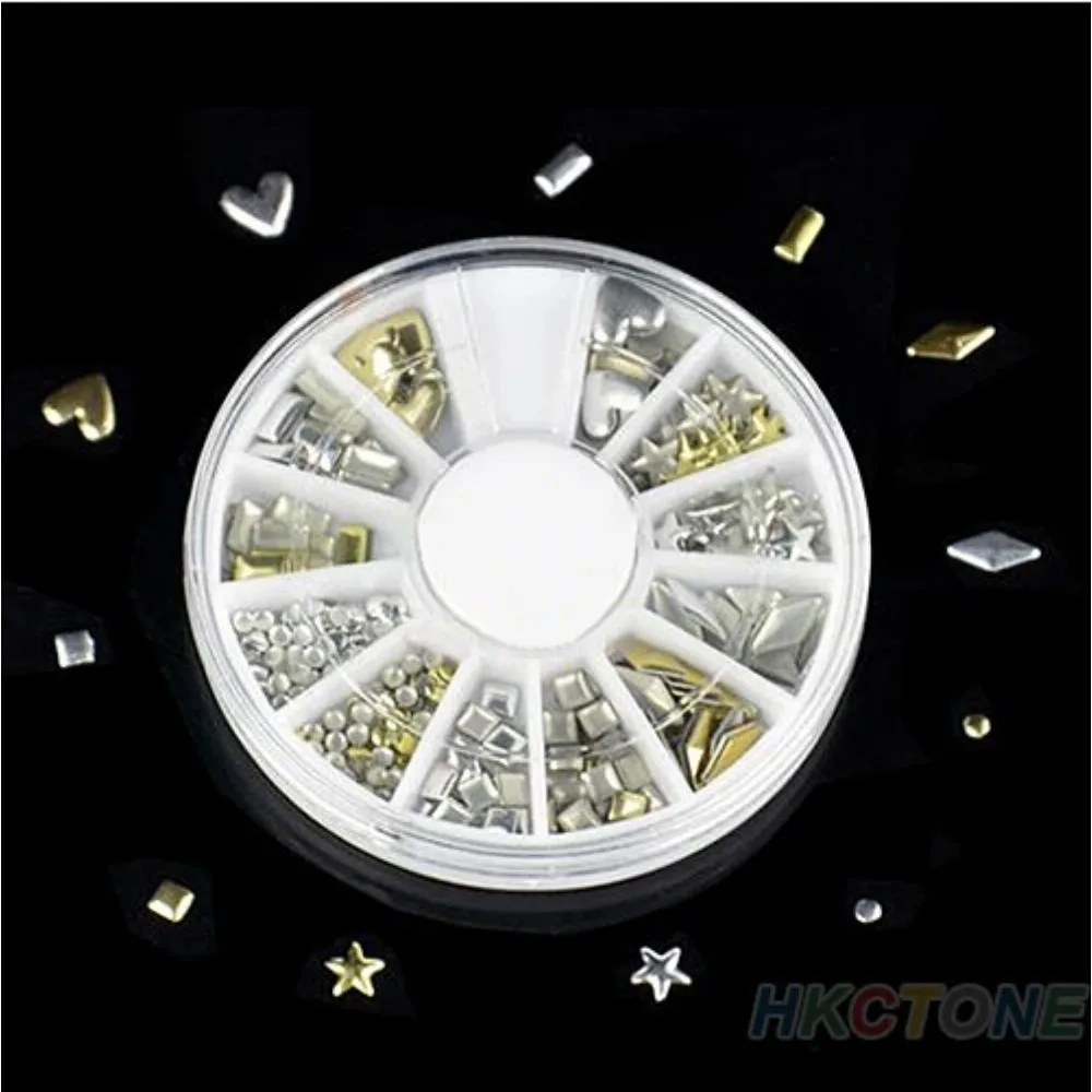 300 Pcs/ Set  6 Styles Silver / 3D Shiny Metallic Luster Nail Decoration Wheel Round Stickers Area Punk Rivet Studs