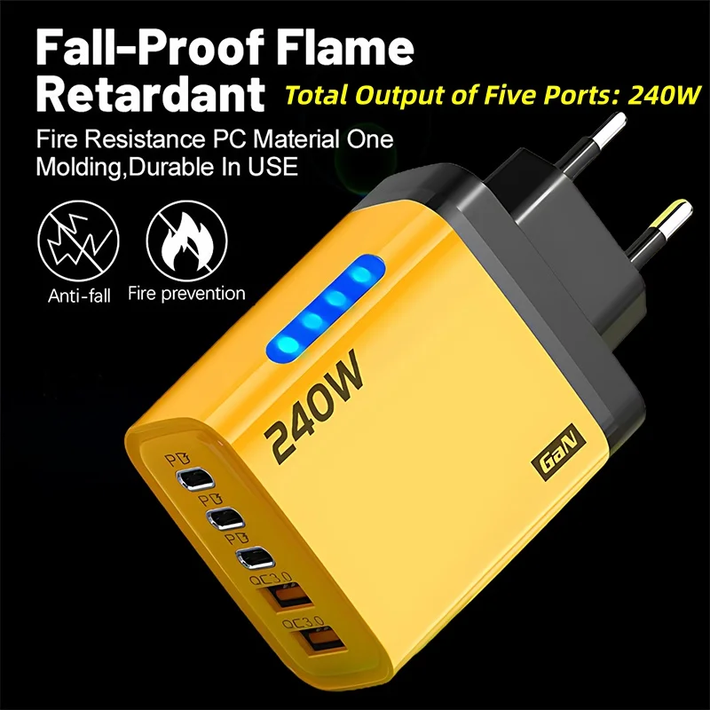240W Multi-port USB Fast Charger 2USB+3TypeC Phone Charging Head With LED Light Quick Charge Adapter For iPhone Samsung Laptop