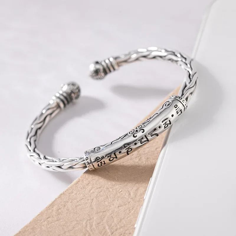 

S925 Silver Fried Dough Twists Pattern Sanskrit Bracelet Men's and Women's Vintage Fashion Hip Hop Trend Opening Bangles Jewelry