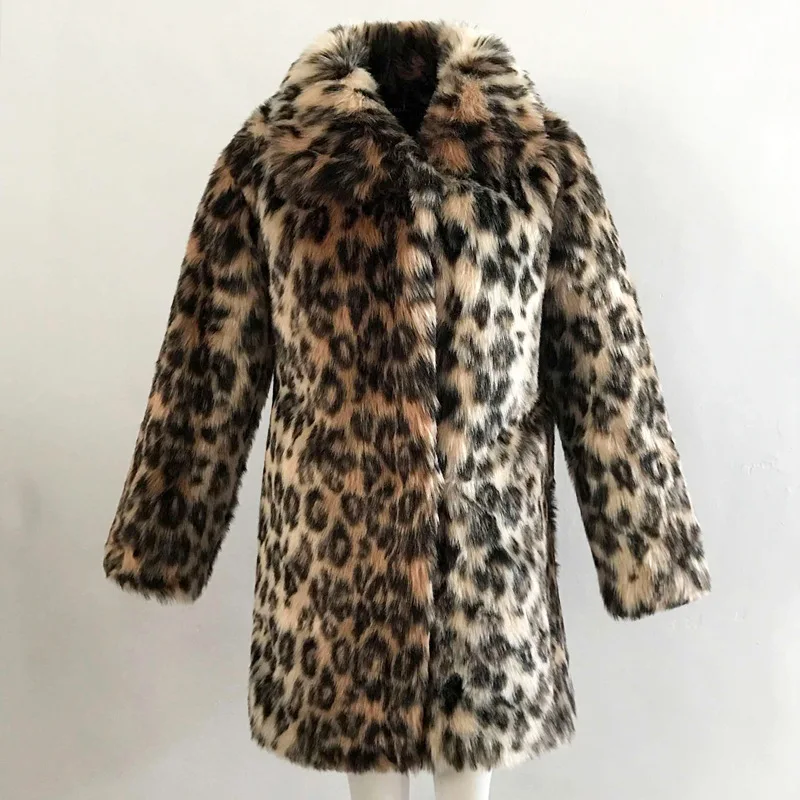 Cappotto in pelliccia sintetica da donna leopardata con risvolto medio lungo Elegante giacca pelosa invernale Nuovi cappotti di peluche spessi Maniche lunghe Cappotto soffice 2025