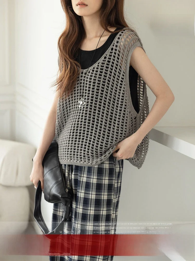 

MoZao ey Hollow out Design Svel Versatile Women's Vest Summer Faion Simple Knitted Tank Top Commute Sle Loose Fit
