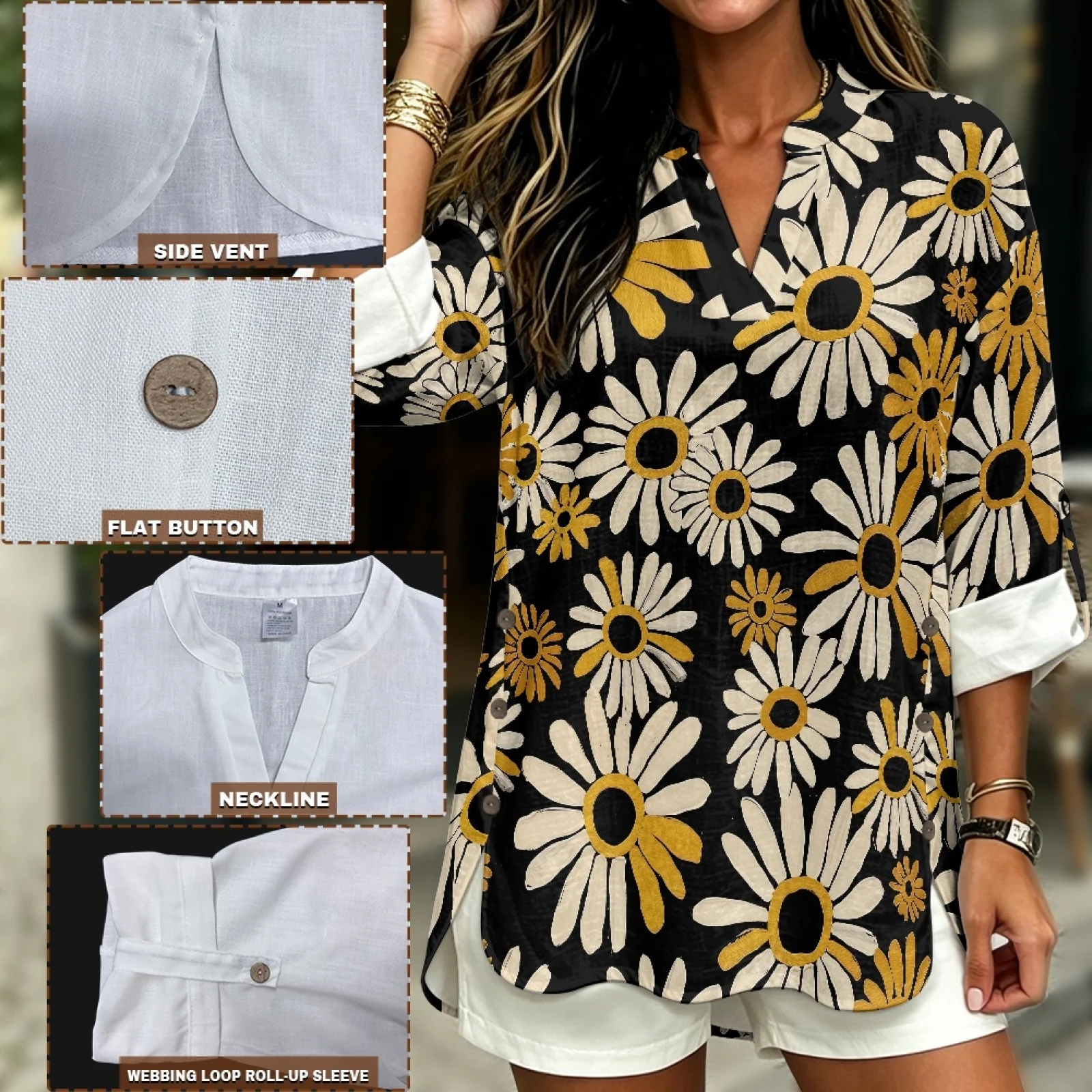 PENSTROLL Yellow White Daisy Cozy V Neck Blouse for Women Linen Like Long Sleeve Tops Tunic Shirts view 5