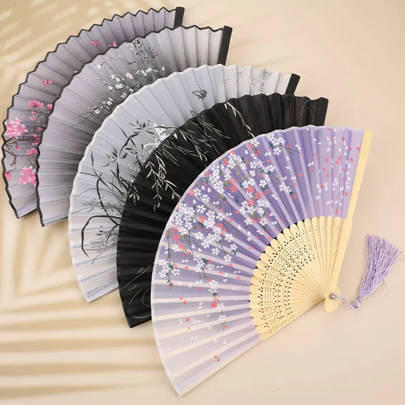 Chinese Folding Fan Wooden Shank Classical Dance Fan Portable Ancient Style Folding Fan High Quality Tassel Elegent